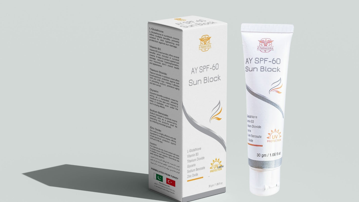 AY SPF-60 Sun Block | Broad Spectrum UV Protection with Glutathione & Vitamin B3 – 30g