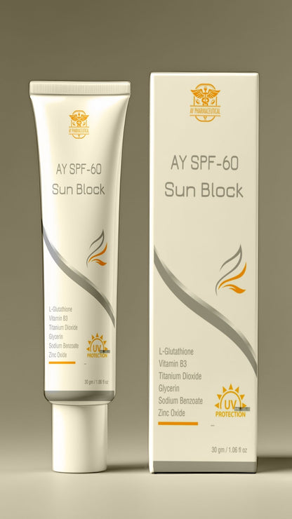 AY SPF-60 Sun Block | Broad Spectrum UV Protection with Glutathione & Vitamin B3 – 30g