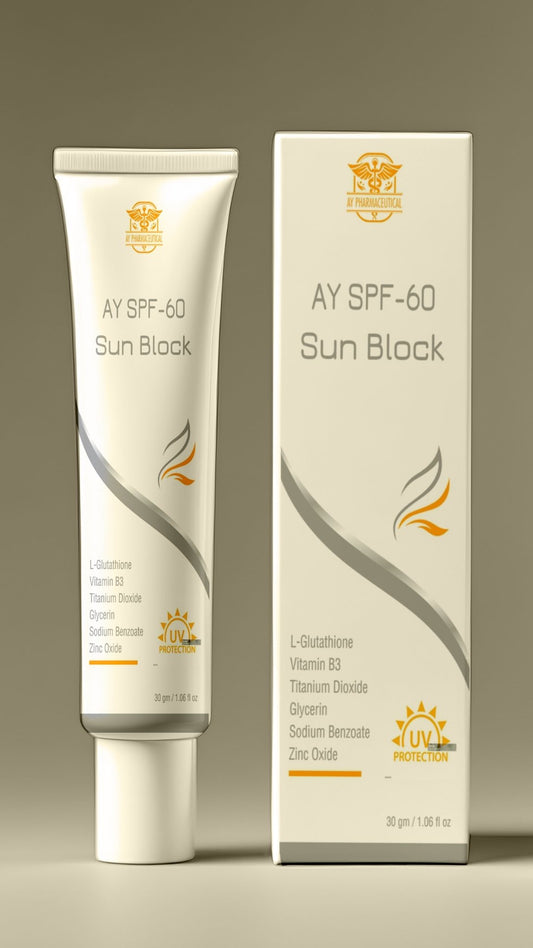 AY SPF-60 Sun Block | Broad Spectrum UV Protection with Glutathione & Vitamin B3 – 30g